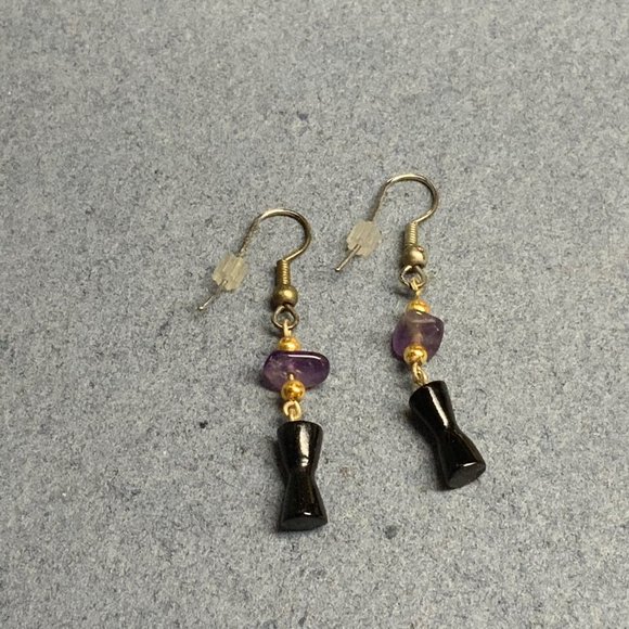 Dangle Pierced Earrings Gold Silver Purple Organic Black Hourglass Retro BoHo - Picture 3 of 4